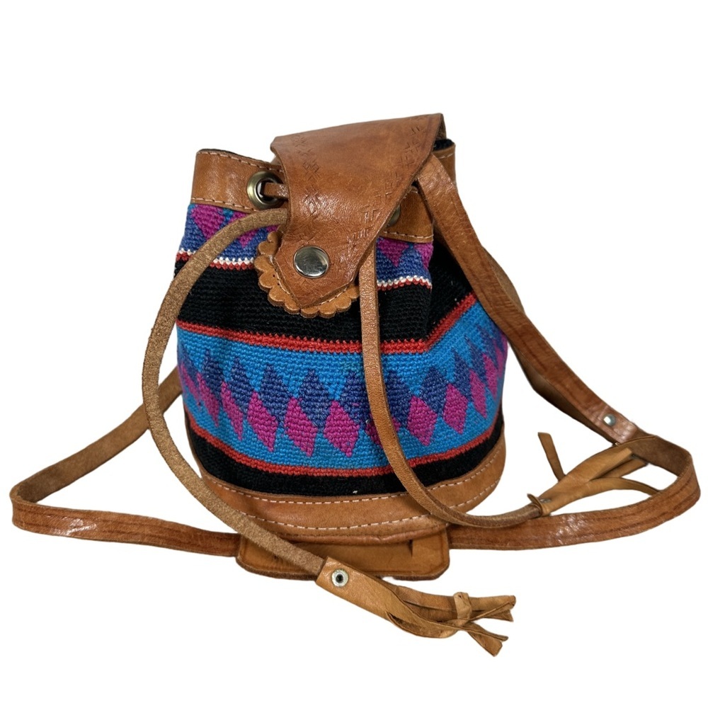 Small leather Brown woven blue pink purple tapestry boho vintage Mini Bag purse‎